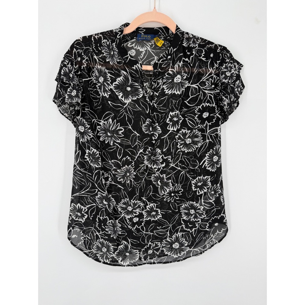 Polo Ralph Lauren Blouse Women XL Black White Floral Ruffle Smocked Short Sleeve